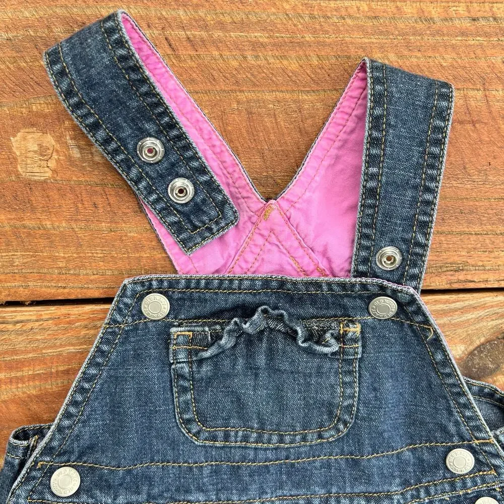 Baby Denim Overall Dress 3-6M Vintage Y2K Ruffle Hem Pink Lined Easter Outfit
